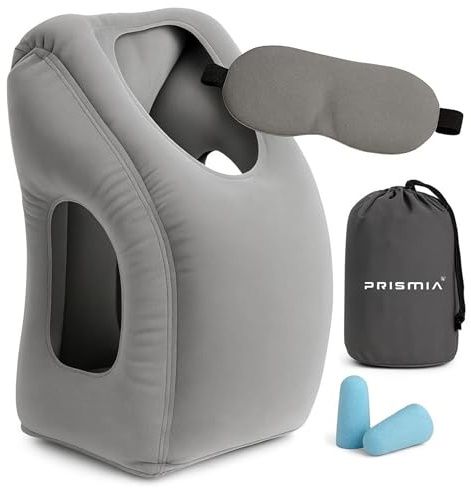 Prismia Almohada de Viaje Hinchable para Avión, Coche, Tren, Bus, Oficina. Incluye Tapones para Oídos, Antifaz y Bolsa Portátil - Cojín Cervical Inflable - Reposacabezas para Cuello (Gris)