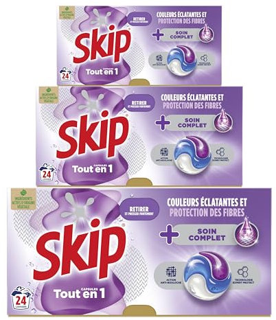 SKIP - Lessive liquide en capsules Tout en 1 - 72 lavages - Soin Complet - Couleurs éclatantes et protection des fibres (lot prOMO 3x24)