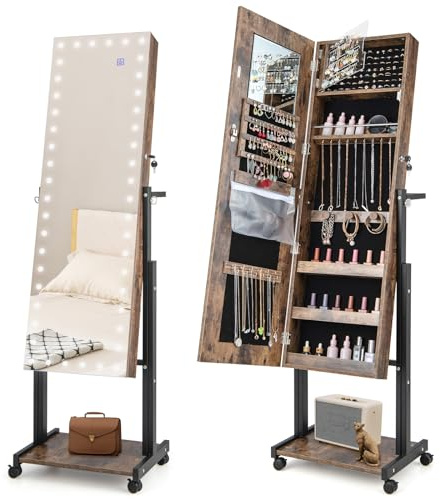 COSTWAY Armoire à Bijoux à Roulettes Hauteur Réglables, Miroir Pleine Longueur avec Lumières LED, Interrupteur Tactile, Verrouillable, Roues Universelles(Marron Rustique)
