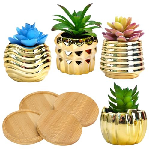 ROSE CREATE Lot de 4 mini pots en céramique doré de 8,9 cm avec 4 plateaux en bambou, petits supports simples en porcelaine dorée pour plantes, cactus, fleurs, plantes non incluses