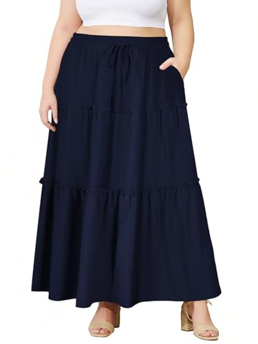 Moon Wood Women's Skirts Summer Maxi Long Skirt High Waist Flowy Ruffle Tiered A Line Skirts with Pockets Plus Size