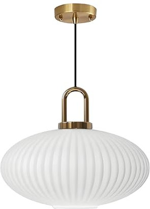 XIRYTU-H Suspension Moderne en Verre Blanc à Rayures, Lampe Suspendue à Hauteur Réglable avec Finition Laiton, Plafonnier E27 pour Cuisine, Chambre et Salle à Manger(30cm)