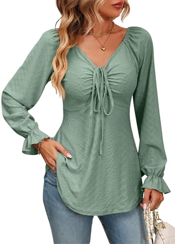 Atxnn Womens Blouse V-Neck Tops with Band Lantern Long Sleeve Tunic Casual Pleated Shirt Chic Ruffled Cuffs Solid Color T-Shirt for Daily Party, Green M