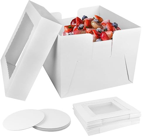 Nuyoah Caja Tarta Cake Box Cajas para Pasteles de Carton Blanco 30x30x20cm 10Pz Cajas para Tartas Rectangular con Ventana y Bandeja Caja para Transporte de Tartas Desechable para Envolver