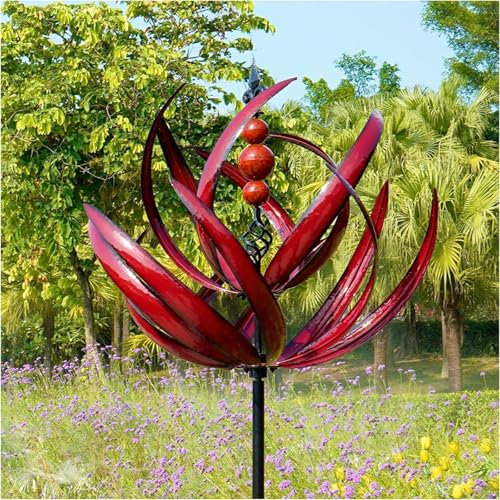 Metall Windrad für Garten,3D Lotus Windspiel Windmühle Wetterfest Und Standfest Garten Wind Spinner Metall Windräder Mit Besten Kugellagern, Höhe 90 cm (Rot)