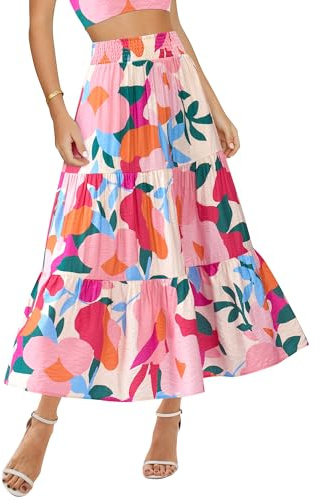 BTFBM Skirts for Women Summer 2026 Floral Print A Line Elastic High Waist Boho Maxi Skirt Spring Fashion Clothing Pocket(Floral Apricot Rose Red, Small)