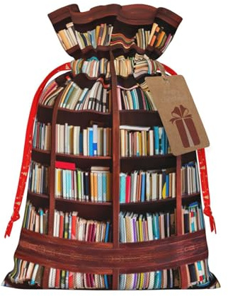 HJLUUFT Jutebeutel mit Bücher-Druck, Weihnachts-Geschenktüte mit Kordelzug und Geschenkanhänger, Hochzeit, Weihnachten, Partygeschenk