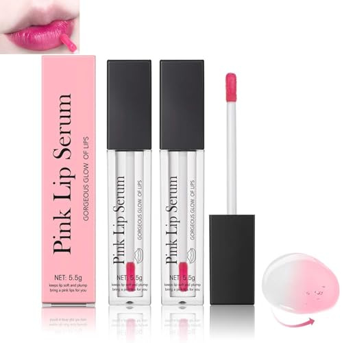 Pink Lip Serum Plumper, Rosa Lippenserum Plumper, Color Changing Lip Gloss, Hydration Lip Gloss, Glow Color Changing Lip Oil, Feuchtigkeit Und Reduziert Feine Linien, Lippenöl für Damen (2PCS, 5.5g)