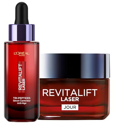 L'Oréal Paris - Routine Soin Anti-âge Raffermissante Triple Action - Crème de Jour 50ml - Sérum Correcteur 30ml - Acide Hyaluronique, Peptides/Pro-Rétinol, Vitamine C - Revitalift Laser X3