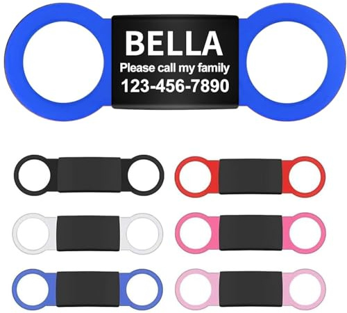 Geräuschloses Aufschieben von Haustier-ID-Tags, personalisierte Lasergravur auf dem Halsband, farbiges elastisches Silikonband, Namensschild aus Edelstahl für Katzen und Hunde (L, blau)