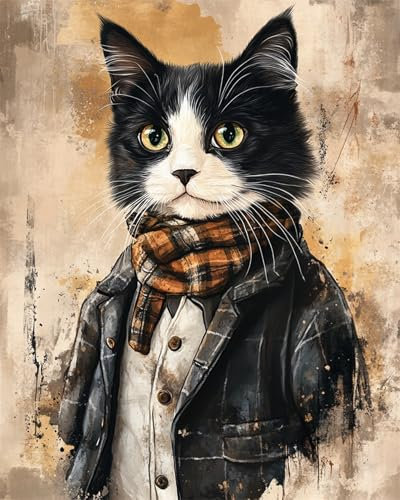N.LANSHAN DIY Knüpfen Set Teppich Fantasie-Katze-Tier Trägt Kleidung Diy-Knüpfset Für Teppiche,Häkelset Für Anfänger,Teppichset Mit Bedruckter Leinwand,Geschenk 55x75cm