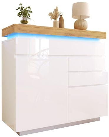 Meuble de Rangement Moderne avec Éclairage LED Tactile et Contrôle Via Application, Buffet avec 2 Portes et 3 Tiroirs Silencieux, Design Élégant pour Salon et Chambre, 115 x 110 x 39 cm (Blanc)