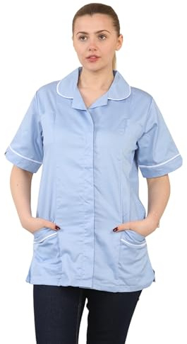 Grunge Wear® Womens Healthcare Nurses Uniform Tunic Top, Ladies Comfortable Durable Medical Workwear Short Sleeve, Collared Button-Up Shirt Dress (Sky Blue, 18)