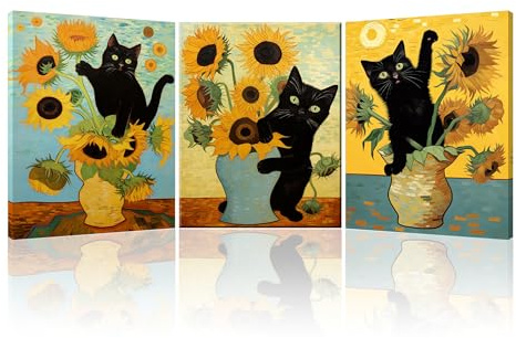 PIY PAINTING 3pcs Gatto nero e girasole Quadro Moderno Soggiorno Piante e animali Immagini Pittura Decorazione Canvas Quadretti Da Parete Stampe Su Tela Camera Da Letto Con Cornice 30×40cm