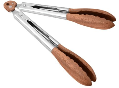 Alipis Stainless Steel Walnut Wood Food Tongs 9 Inch Heat Resistant Serving Tongs for Cooking BBQ Grilling and Toaster 2pcs Set