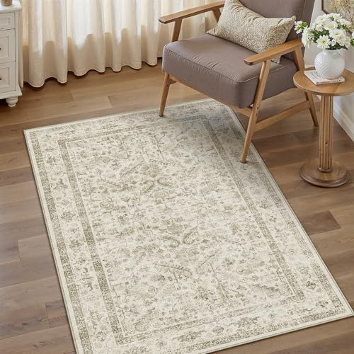 PureCozy Vintage Beige Teppich Wohnzimmer 80x150cm Schlafzimmer Wohnzimmerteppich Boho Waschbarer Carpet Weich rutschfest Teppiche Esszimmer Büro Kurzflor Groß Tepich