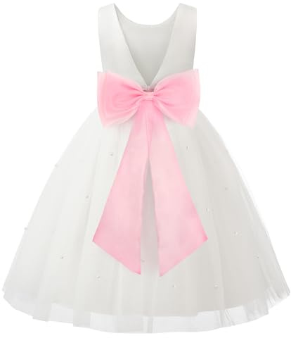 JerrisApparel Mädchen Kleid Ärmellos Festlich Hochzeit Geburtstagsfeier Brautjungfern (8-9 Jahre/Etikett 150, Weiss mit Rosa Schleife)