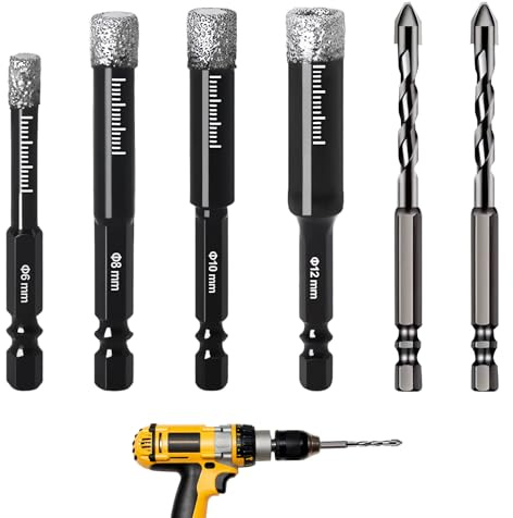 Diamond Drill Bit,6PCS Porcelain Tile Drill Bit, 6/8/10/12mm Dry Diamond Drills Bits and 6MM Hex Shank Drills Bits for Granite Ceramic Marble Stone Tile Stone Glass Hard Materials