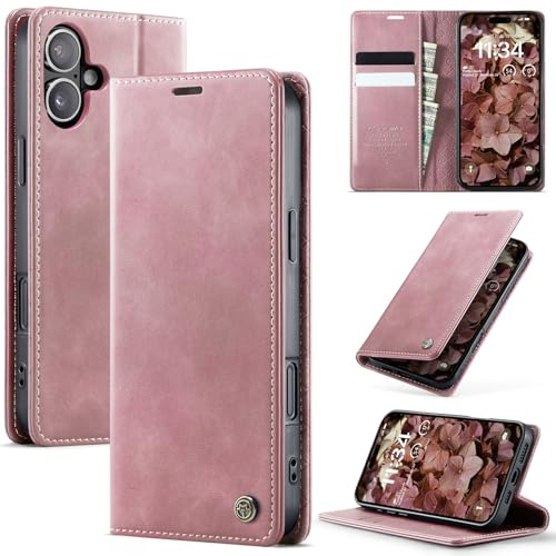 owlhold iPhone 16 hülle klapphülle Premium PU Leder, RFID Schutzhülle, Faltbare Ständer, Handytasche Lederhülle Kartenfach Standfunktion Handyhülle iPhone 16 - Rosa