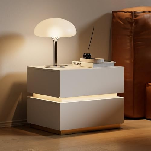 Homary Table de Chevet Intelligente LED Blanc à 2 Tiroirs – Table de Nuit avec Recharge sans Fil & Éclairage Réglable, Design Moderne pour Chambre Adulte (Blanc, 2 Tiroirs)