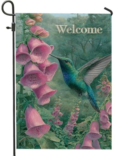 Gartenflagge Kolibri Blume Violette Glockenblume Familienfahne Lustiger Rasenbanner Strapazierfähiges Hofbanner Für Balkone Urlaub Draußen 30X45Cm