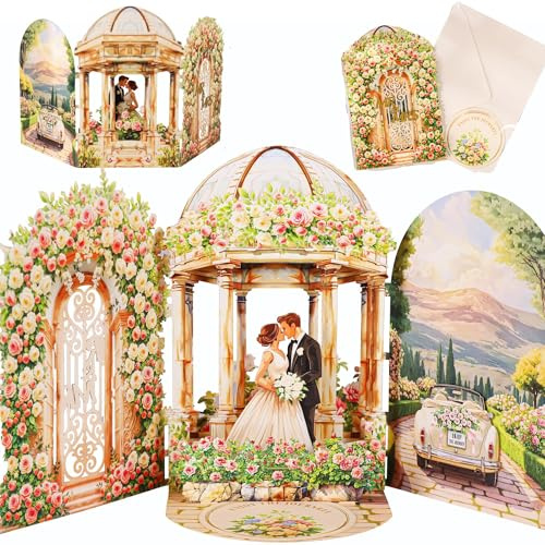 Biglietto Auguri Matrimonio Pop Up 3D con Sposi e Gazebo Fiori, Biglietto di Auguri per Matrimonio con Busta Porta Soldi, Cartolina Nozze Elegante per Sposi,Fidanzati,Anniversario,Regali Luna di Miele