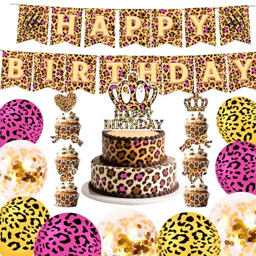 44Pcs Leopard Birthday Party Decorations Set Happy Birthday Banner Cake Topper Balloons Cupcake Toppers Cheetah Party Decor Jungle Safari Theme Birthday Supplies for Baby Shower