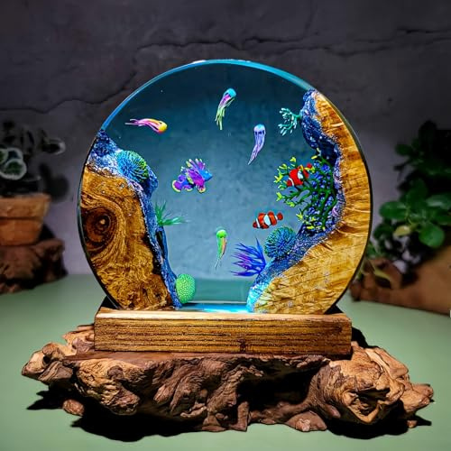 Drawelry 3D Meer Wal Hai Harz Lampe Unterwasser Ornamente mit Holzsockel USB-Kabel LED Kristall Nachtlichter Epoxidharz Ozean Szene Taucher Diorama Heim Büro Deko Weihnachten Geburtstag Geschenke (E1)