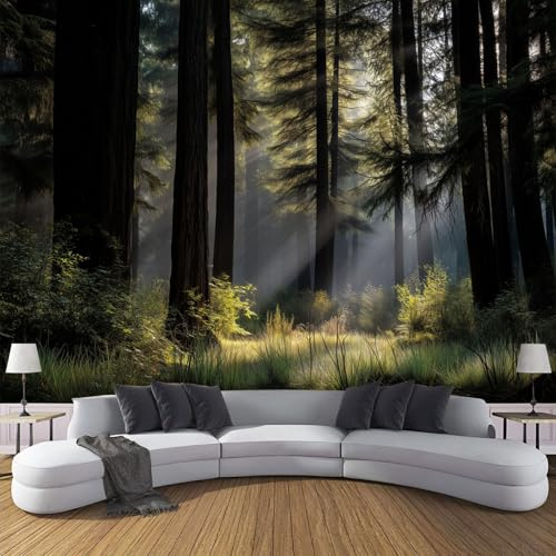 DACRWEKZ 150 x 105 cm Seidenstoff dunkelgrün Mustertapete Retro-Wald Bäume und Gras tapete Wandtapete wohnzimmer schlafzimmer flur
