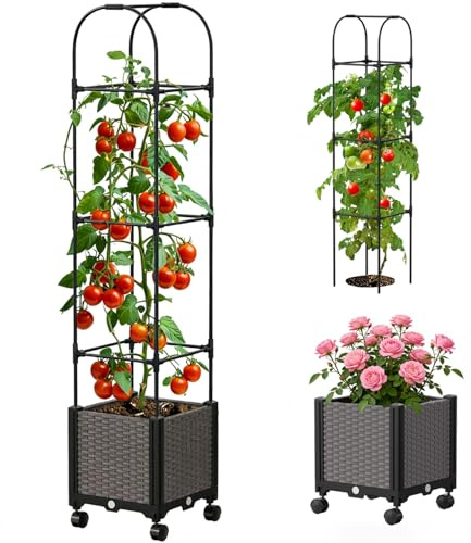 SUNYRISY Jardinière surélevée avec tuteur à tomates, bac à fleurs avec treillis et roue à roulettes, auto-arrosage, avec obélisque de jardin, pour balcon, terrasse, plantes grimpantes