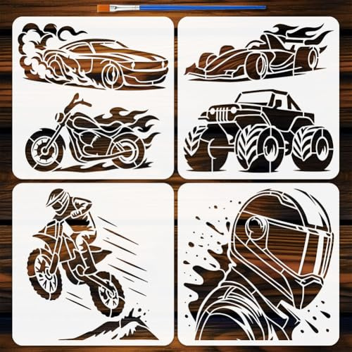 FINGERINSPIRE 4 Stück Motorrad Malschablone Mit Pinsel 30x30cm Motorrad Und Autorennen Schablonen Kunststoff Flammenrenn Schablone Zeichenvorlage Monstertruck Malschablonen Für Wand Stoff Dekoration