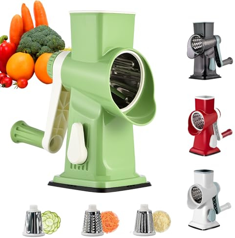 Mandolina de Cocina Cortador De Verduras, Rallador Verduras, Rallador Cebolla, Artefacto de Picar Cocina con 3 Acero Inoxidable Cuchillas de Tambor para Queso, Frutas y verduras (Verde)