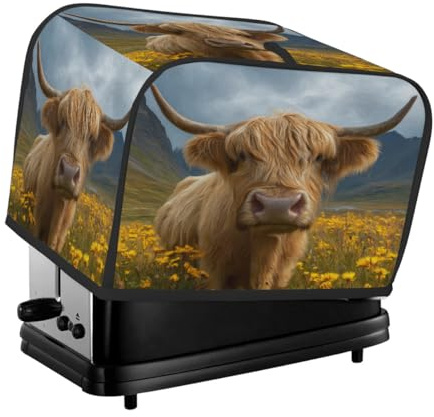 Highland Cow On Floral Field Toaster Cover 4 Slice Dust Cover for Bread Machine,Small Kitchen Appliance