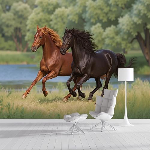 Fototapete Frühling Wiese Pferd Wanddekoration 200X140Cm, Natürliche Tiere Tapeten Wandtapete Für Wohnzimmer Schlafzimmer Waldgrün Wandtapete Panorama Poster Wandbild Für Kinderzimme