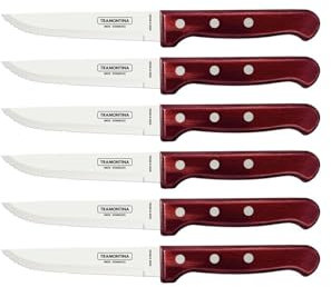 Tramontina Steakmesser Gaucho, Set 6-teilig, Edelstahl, Holzgriff rot, FSC, Mehrfarbig