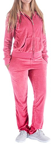 Facitisu Women's 2 Piece Outfits Velvet Zip Hoodie Sweatshirt & Sweatpants Sweatsuits and Velour Tracksuit Sets Jogging Suit Large Coral