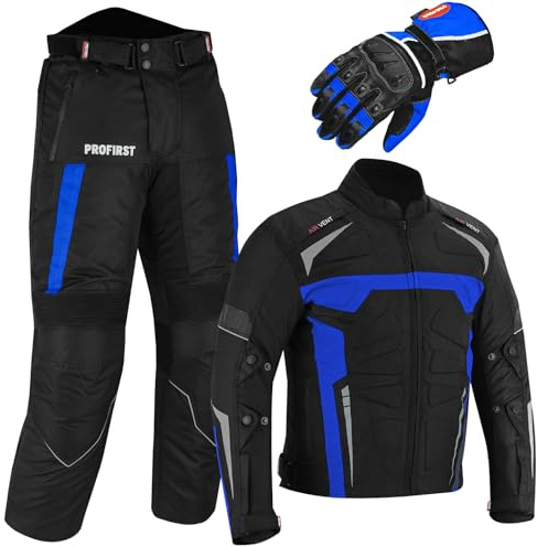 PROFIRST Motorbike Suit - Motorcycle Gloves Armoured 2 Piece Suit Motorbike Waterproof Suits Jacket with Trouser CE Armor For All Weather Mens (Blue, XL 42 Chest/36 Waist - 32 T)