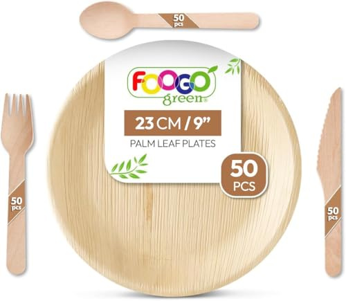 FOOGO Green 200pcs Palm Leaf Plates and Cutlery Set, Round
