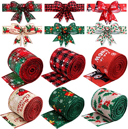 Kalolary 6 Rollen Geschenkband Weihnachten | Weihnachten Grosgrain Band Plaid Sackleinen Wired Ribbon Weihnachtsbaum Plaid Schneemänner Rote Beeren Wired Edge
