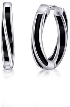 Immobird 925 Sterling Silver Örhängen Herr Dam Hoop Örhängen Diameter 15mm Small Sleeping Hoop Örhängen Svart Lämplig som present till män och kvinnor