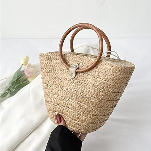 Sac Paille Poignée en Bois d'été Sac de Plage de Plage à la Main à la Main Le Sac à Main tissé de Voyage Haut de Pointes Haut de Gamme (Color : Khaki, Size : 29x14x20cm)