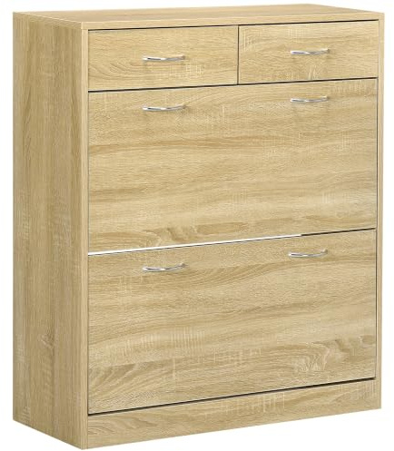 HOMCOM Scarpiera Moderna con 2 Ripiani Interni Regolabili e 2 Cassetti da 12 Paia di Scarpe, Mobile per Scarpe Salvaspazio in Legno, 80x30x91.5 cm, Rovere
