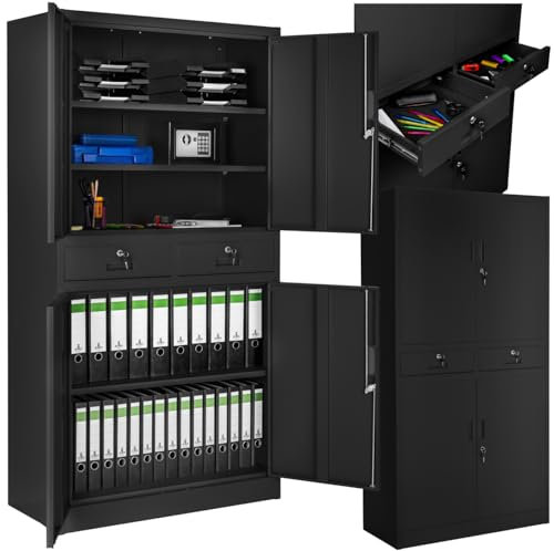 tectake® Aktenschrank, Mehrzweckschrank aus Stahl, Allzweckschrank, Aktenschrank abschließbar, 2 Schrankabteilen, 2 Schubladen, Türen und Schloss, Büroschrank, Werkzeugschrank, 180x80x40cm - schwarz