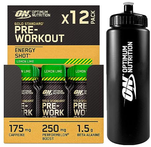 Optimum Nutrition Gold Standard Pre-Workout Energy Shot Bevanda Energetica Ready To Drink Beta Alanina Caffeina PerforMelon Boost Vitamine B6 B12 Gusto Limone Lime 12 Monoporzioni da 60ml + BORRACCIA
