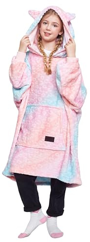 Catalonia Classy Übergroße Fleece Hoodie Decke, Weiche und Warme Decken Hoodie Kinder, Tragbare Decke with Großer Fronttasche für Teenager, Mädchen und Jungen, Weihnachtsgeschenke, Regenbogenkatze