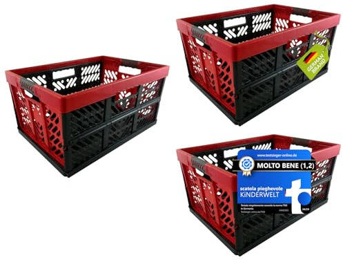 KiNDERWELT 3 x Robuste Profi - Klappbox 45 L bis 50 kg - Faltbox, Kiste, Korb zur Aufbewahrung, Transport - anthrazit/rot