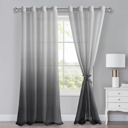 XWZO Set di 2 tende in voile con occhielli, tende sfumate ombré trasparenti per camera da letto e soggiorno, tende ad anello con fermatenda H260xB140cm grigio