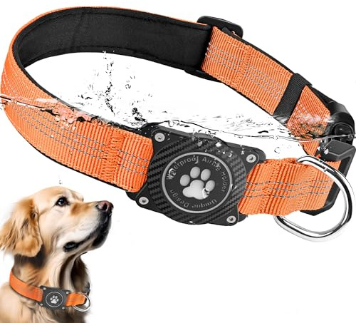 Ytanest Leuchtend Airtag Hundehalsband, Verstellbar Wasserdicht Apple Air Tag Halter Halsband Reflektierend für Kleine Mittler Große Hund, Orange, M