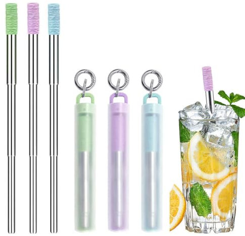 Fudinu Stainless Steel Straws with Silicone Tip, 3 Pack Reusable Metal Straws, Portable Collapsible Straws with Cleaning Brush and Key Ring Case, Drinking Straws for Travel Home Office(3 Colors)