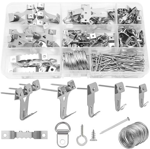 Ganci per appendere quadri, 220 pezzi, kit assortiti per appendere quadri, in ferro e metallo, resistenti, in legno, cartongesso, set di ganci per cornici per foto, set con chiodi, anelli a D, ganci